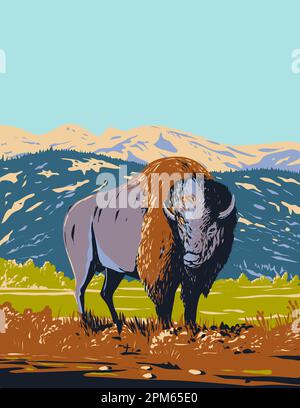 Affiche WPA d'un bison nord-américain ou d'un bison des plaines en itinérance dans la prairie du parc national de Yellowstone, Wyoming, États-Unis d'Amérique Banque D'Images