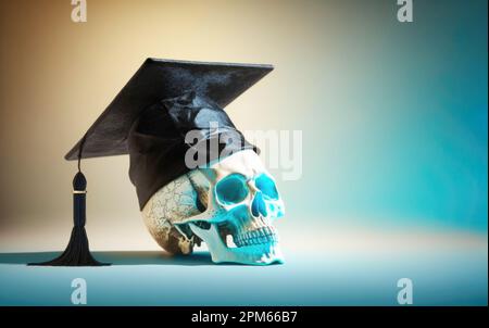 Le crâne d'un homme portant une casquette de diplômé traditionnelle. Le concept de la remise des diplômes de l'école, de l'université, de l'éducation, de l'étude. Banque D'Images