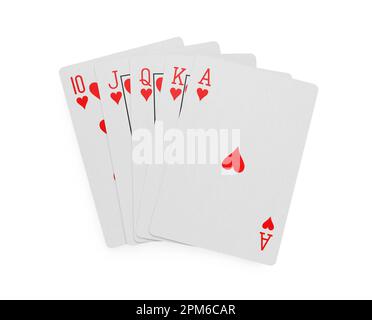 Main de cartes à jouer isolée sur blanc, vue de dessus. Jeu de poker Banque D'Images