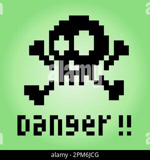 Crâne 8 bits pixels avec texte danger icône de signe pour les ressources de jeu dans les illustrations vectorielles Illustration de Vecteur