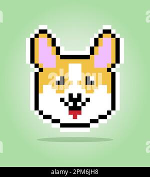 pixel 8 bits de chien corgi. Tête d'animal pour les jeux de ressources dans les illustrations vectorielles. Motif de point de croix. Illustration de Vecteur