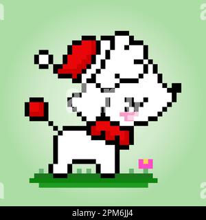 8 pixel de chien chinois à crête portant un chapeau de père Noël. Animaux pour les jeux d'actifs dans les illustrations vectorielles. Motif de point de croix. Illustration de Vecteur