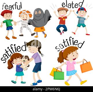 Mot adjectif de vocabulaire anglais avec illustration de caractères de dessin animé Illustration de Vecteur