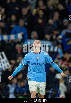 Manchester, Royaume-Uni. 11th avril 2023. Erling Haaland de Manchester City célèbre après le quart de finale de l'UEFA Champions League First Leg Match entre Manchester City et le Bayern Munich à Manchester, en Grande-Bretagne, sur 11 avril 2023. Credit: Xinhua/Alay Live News Banque D'Images