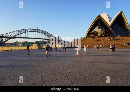 Vue panoramique sur l'Opéra de Sydney et le Harbour Bridge dans la lumière de la fin de l'après-midi Banque D'Images
