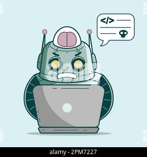 Robot de piratage mignon avec ordinateur portable et bulle de la parole. Illustration de dessin animé vectoriel. Illustration de Vecteur