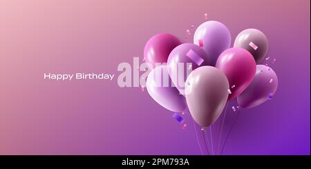 Joyeux anniversaire vecteur 3D illustration avec des ballons roses et violets réalistes avec confetti, modèle de bannière de message d'accueil Illustration de Vecteur