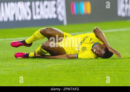 Lisbonne, Portugal. 11th avril 2023. Denzel Dumfries d'Inter lors de la Ligue des champions de l'UEFA, quart de finale, match de football de 1st jambes entre SL Benfica et FC Internazionale sur 11 avril 2023 à l'Estadio do Sport Lisboa e Benfica à Lisbonne, Portugal - photo José Salgueiro/DPPI crédit: DPPI Media/Alamy Live News Banque D'Images