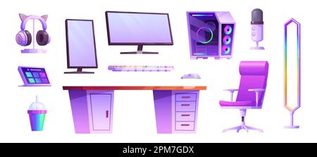 Ordinateur de jeu isolé dans un ensemble vectoriel intérieur de salle de lecture. Ordinateur, chaise et clavier de dessin animé au néon équipement futuriste pour station de travail geek. Casque avec manette de jeu et moniteur pour le bureau des joueurs Illustration de Vecteur