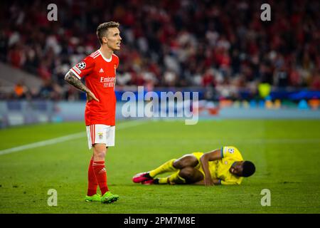 Lisbonne, Portugal. 11th avril 2023. Alex Grimaldo de SL Benfica vu pendant le quart de finale de l'UEFA Champions League match de première jambe entre SL Benfica et FC Internazionale Milano à Estadio do Sport Lisboa e Benfica.(score final: SL Benfica 0 - 2 FC Internazionale Milano) Credit: SOPA Images Limited/Alay Live News Banque D'Images