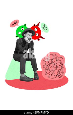 Vertical abstrait création photo collage de l'homme réfléchi confus séance de brainstorming prendre la décision isolée sur fond blanc de couleur Banque D'Images