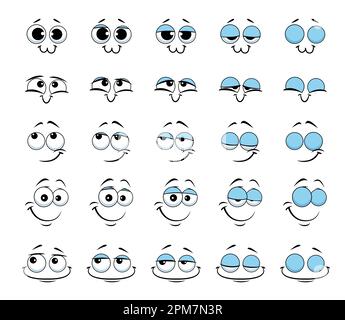 Dessin animé visage et yeux clignotants émotiji visages planche à feuilles, émoticônes vectorielles sourire riggle. Drôle comic emoji yeux feuille de calcul animée de mignon smil Illustration de Vecteur