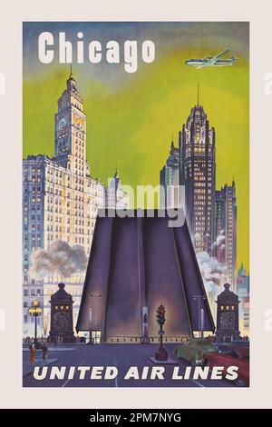 Chicago. United Air Lines par Joseph Feher (1908-1987). Affiche publiée en 1947 aux États-Unis. Banque D'Images