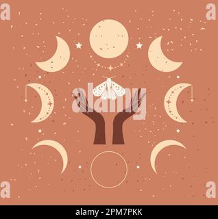 Dessin vectoriel abstrait stock plat illustration graphique avec des éléments de logo exotiques, main de ligne humaine, papillon, magie de la lune phase art dans le style simple pour Illustration de Vecteur