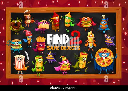 Trouvez deux personnages de fast food identiques. Jeu de recherche de différence, détails ou même image trouver la feuille de calcul de vecteur de jeu avec donut, café, burrito et pi Illustration de Vecteur