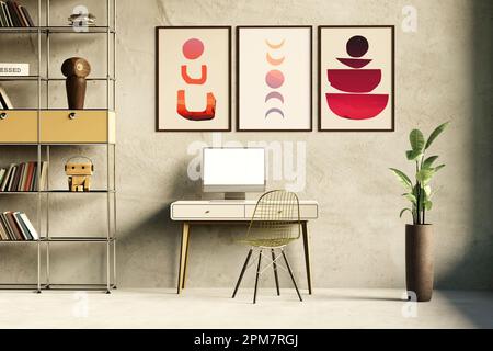 Bureau ou bureau à domicile avec cadres blancs bureau et usine. 3d illustration Banque D'Images