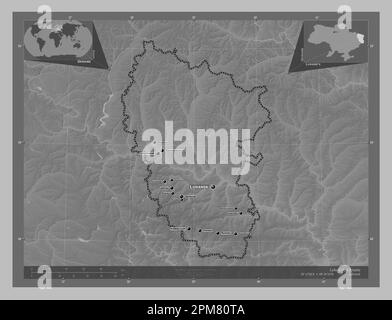 Luhans'k, région de l'Ukraine. Carte d'altitude en niveaux de gris avec lacs et rivières. Lieux et noms des principales villes de la région. Emplacement auxiliaire d'angle Banque D'Images