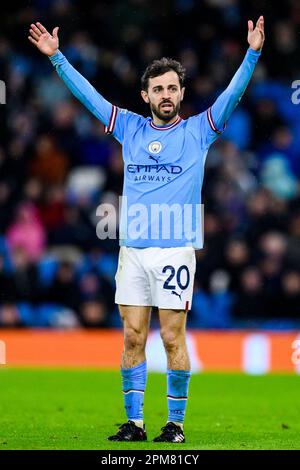 Manchester, Royaume-Uni. 11th avril 2023. Football: Ligue des Champions, Manchester City - Bayern Munich, knockout round, quarterfinales, première étape, Etihad Stadium. Les gestes Bernardo Silva de Manchester. Crédit : Tom Weller/dpa/Alay Live News Banque D'Images