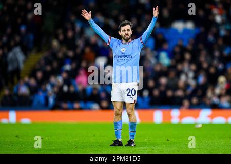 Manchester, Royaume-Uni. 11th avril 2023. Football: Ligue des Champions, Manchester City - Bayern Munich, knockout round, quarterfinales, première étape, Etihad Stadium. Les gestes Bernardo Silva de Manchester. Crédit : Tom Weller/dpa/Alay Live News Banque D'Images