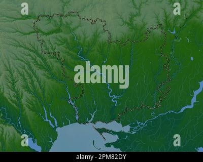 Mykolayiv, région de l'Ukraine. Carte d'altitude en couleur avec lacs et rivières Banque D'Images