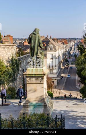 France, Loir-et-cher, vallée de la Loire classée au patrimoine mondial de l'UNESCO, Blois, statue de Denis Papin au sommet des escaliers et la ville en arrière-plan Banque D'Images