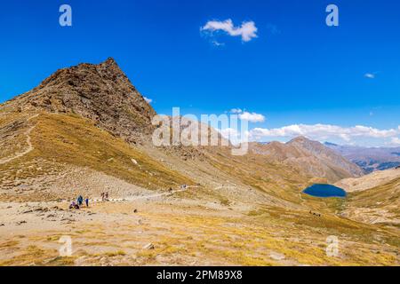 France, Hautes-Alpes, Parc naturel régional du Queyras, Abriès, randonneurs traversant le Col Vieux (2806 m) sur le Tour du Queyras de GR58, Lac Foréant (2618 m) en arrière-plan Banque D'Images