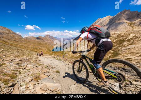 France, Hautes-Alpes, parc naturel régional de Queyras, Abriès, motard de montagne sur le GR58 Tour du Queyras vers le Lac Foréant (2618 m) du Col Vieux (2806 m), à droite la crête de la Taillante ( 3196m) Banque D'Images