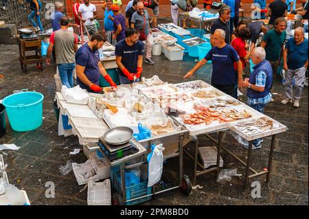 Italie, Sicile, Catane, ville baroque classée au patrimoine mondial de l'UNESCO, le marché aux poissons de la place Alonzo di Benedetto Banque D'Images