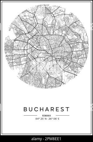 Carte de la ville de Bucarest imprimable en noir et blanc, design d'affiche, illustration vectorielle. Illustration de Vecteur