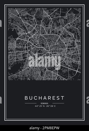 Carte de la ville de Bucarest imprimable en noir et blanc, design d'affiche, illustration vectorielle. Illustration de Vecteur