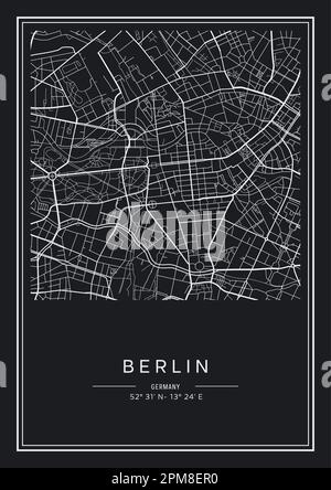 Carte de la ville de Berlin imprimable en noir et blanc, design d'affiche, illustration vectorielle. Illustration de Vecteur