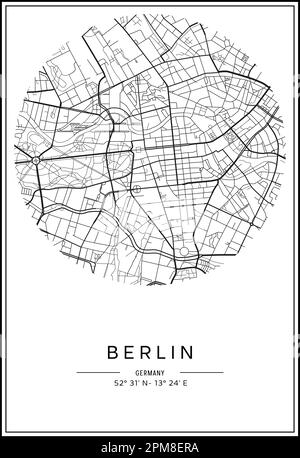 Carte de la ville de Berlin imprimable en noir et blanc, design d'affiche, illustration vectorielle. Illustration de Vecteur