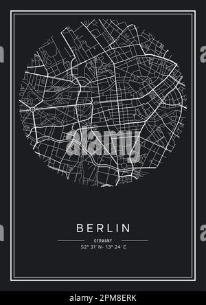 Carte de la ville de Berlin imprimable en noir et blanc, design d'affiche, illustration vectorielle. Illustration de Vecteur