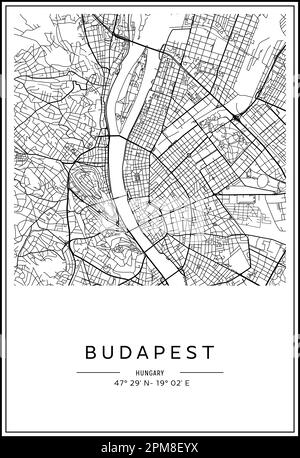 Carte de la ville de Budapest imprimable en noir et blanc, design d'affiche, illustration vectorielle. Illustration de Vecteur