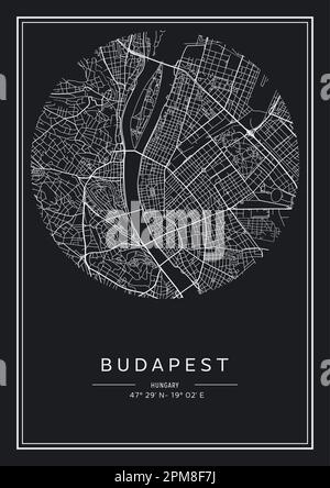 Carte de la ville de Budapest imprimable en noir et blanc, design d'affiche, illustration vectorielle. Illustration de Vecteur