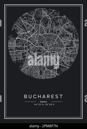 Carte de la ville de Bucarest imprimable en noir et blanc, design d'affiche, illustration vectorielle. Illustration de Vecteur