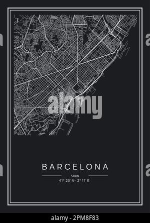 Carte de la ville de Barcelone imprimable en noir et blanc, design d'affiche, illustration vectorielle. Illustration de Vecteur