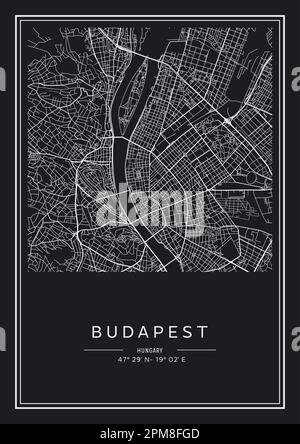 Carte de la ville de Budapest imprimable en noir et blanc, design d'affiche, illustration vectorielle. Illustration de Vecteur