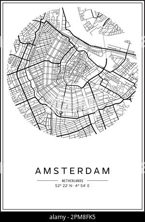 Carte de la ville d'Amsterdam imprimable en noir et blanc, design d'affiche, illustration vectorielle. Illustration de Vecteur