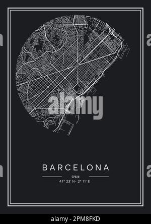 Carte de la ville de Barcelone imprimable en noir et blanc, design d'affiche, illustration vectorielle. Illustration de Vecteur