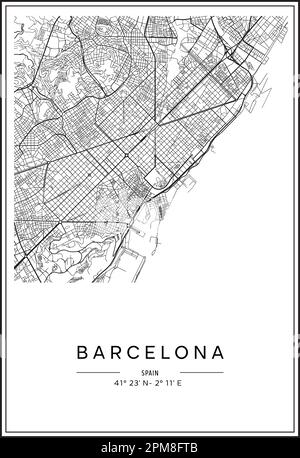 Carte de la ville de Barcelone imprimable en noir et blanc, design d'affiche, illustration vectorielle. Illustration de Vecteur