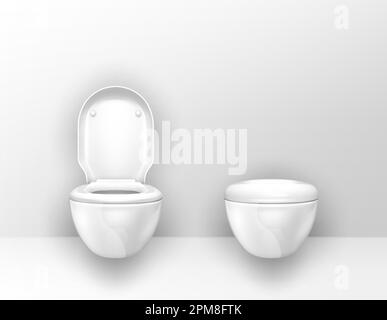 Cuvettes de toilettes montées au mur dans les toilettes. Vector intérieur réaliste des toilettes vides, toilettes modernes avec toilettes en céramique blanche suspendues avec couvercle de siège ouvert et fermé Illustration de Vecteur