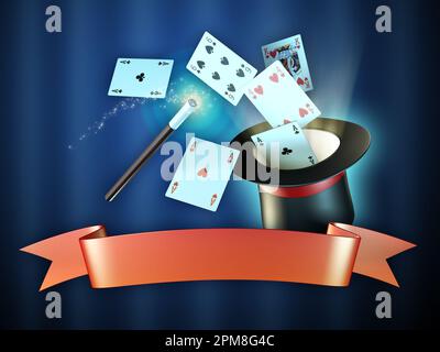 Composition de spectacle magicien avec chapeau, cartes, baguette magique et bannière rouge. 3d illustration. Banque D'Images
