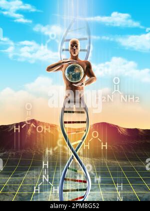 Origines de la vie : des molécules simples à l'adn. Un être humain se matérialise à partir de l'adn et tient la Terre entre ses mains. Illustration numérique. Banque D'Images