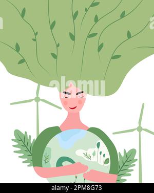 Lady chérit le globe verdant avec affection. L'art vectoriel pour le jour de la Terre et la préservation de la planète.réchauffement planétaire et protection de l'environnement idée d'efficacité énergétique. Illustration vectorielle. Illustration de Vecteur