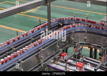 SUQIAN, CHINE - 12 AVRIL 2023 - une chaîne de production automatisée de bière Budweiser est vue dans un atelier de Anheuser-Busch InBev (Suqian) Beer Co LTD Banque D'Images