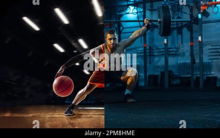 Image composite de l'homme barbu faisant différents types de basket-ball de sport professionnel, haltérophilie sur 3D modèle de fond de salle de sport Banque D'Images