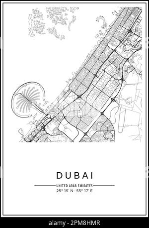 Carte de la ville de Dubaï imprimable en noir et blanc, design d'affiche, illustration vectorielle. Illustration de Vecteur