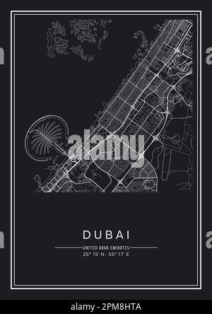 Carte de la ville de Dubaï imprimable en noir et blanc, design d'affiche, illustration vectorielle. Illustration de Vecteur