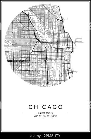 Carte de la ville de Chicago imprimable en noir et blanc, design d'affiche, illustration vectorielle. Illustration de Vecteur